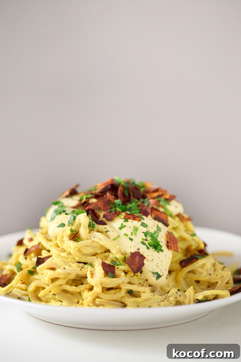 Vegan Pasta Carbonara. - You can enjoy a delicious and creamy vegan pasta carbonara in just 25 minutes. This is a gluten-free version, which is also healthier and lower in fat.
