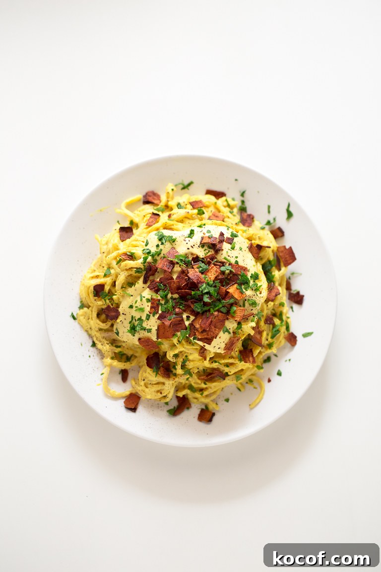 Vegan Pasta Carbonara. - You can enjoy a delicious and creamy vegan pasta carbonara in just 25 minutes. This is a gluten-free version, which is also healthier and lower in fat.