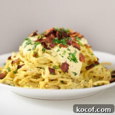 Vegan Pasta Carbonara. - You can enjoy a delicious and creamy vegan pasta carbonara in just 25 minutes. This is a gluten-free version, which is also healthier and lower in fat.