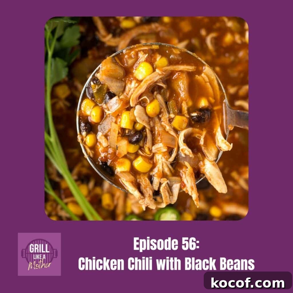 A promo image for episode 56 of the GLAM podcast: chicken chili with black beans