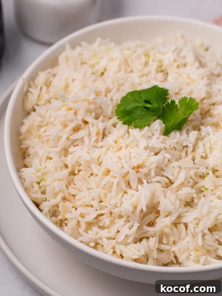 large bowl with fluffy coconut basmati rice, topped with a cilantro leaf