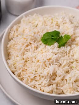 large bowl with coconut basmati rice and a cilantro leaf