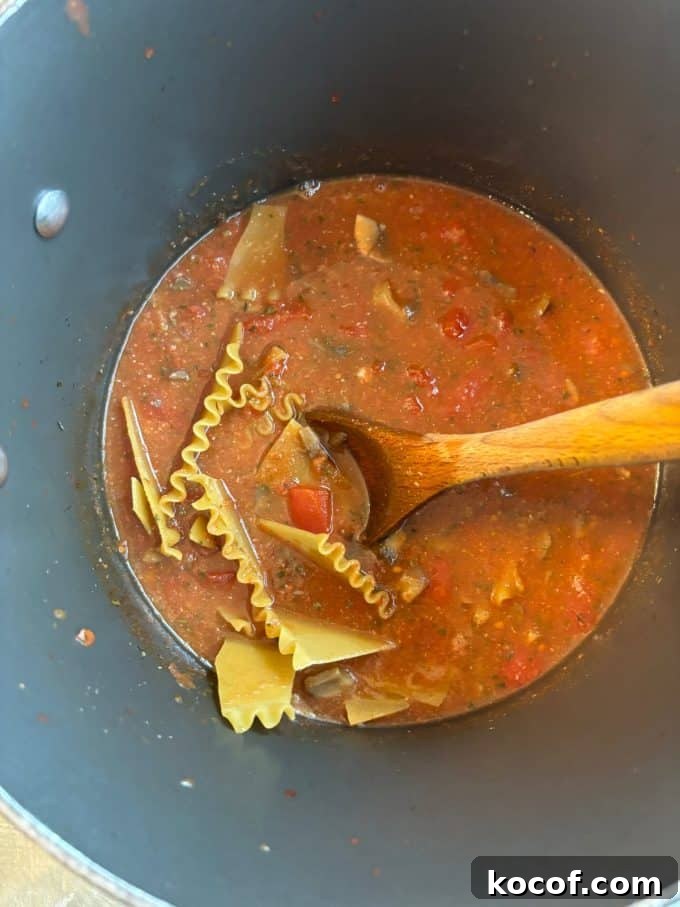 overhead image of nonstick pot cooking chunky tomato soup and broken lasagna noodles with a wooden spoon