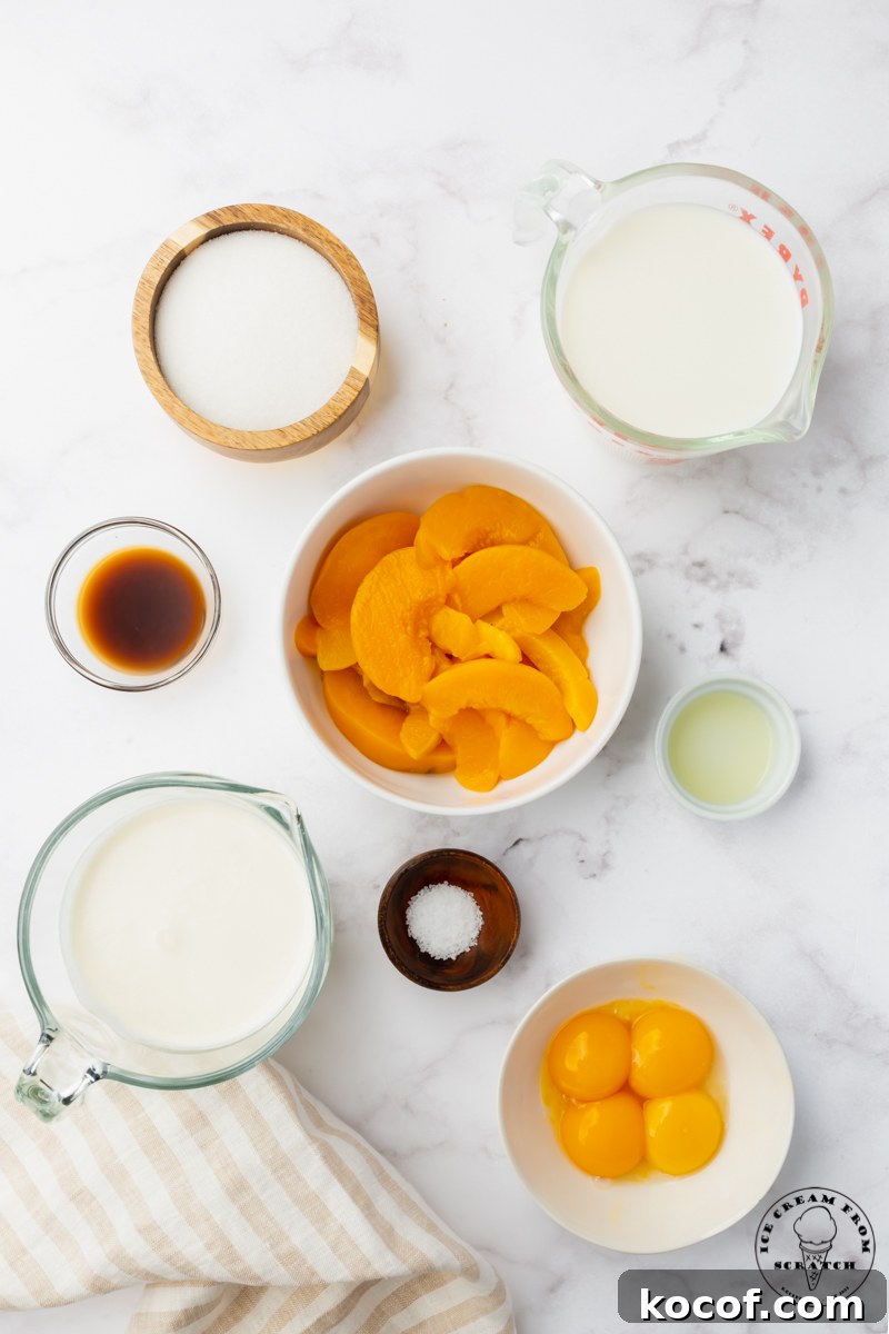 The ingredients for making peach ice cream all measured into separate bowls at set on a marble countertop. Viewed from above.