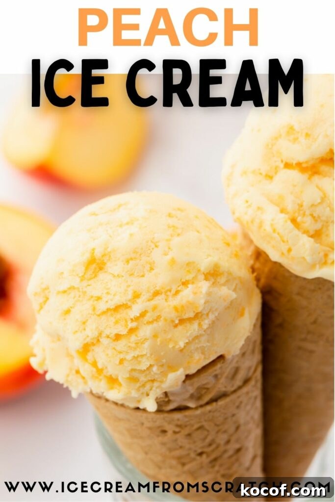 two sugar cones topped with a scoop of fresh peach ice cream, propped up in a glass. Text at top of photo says, Peach Ice Cream