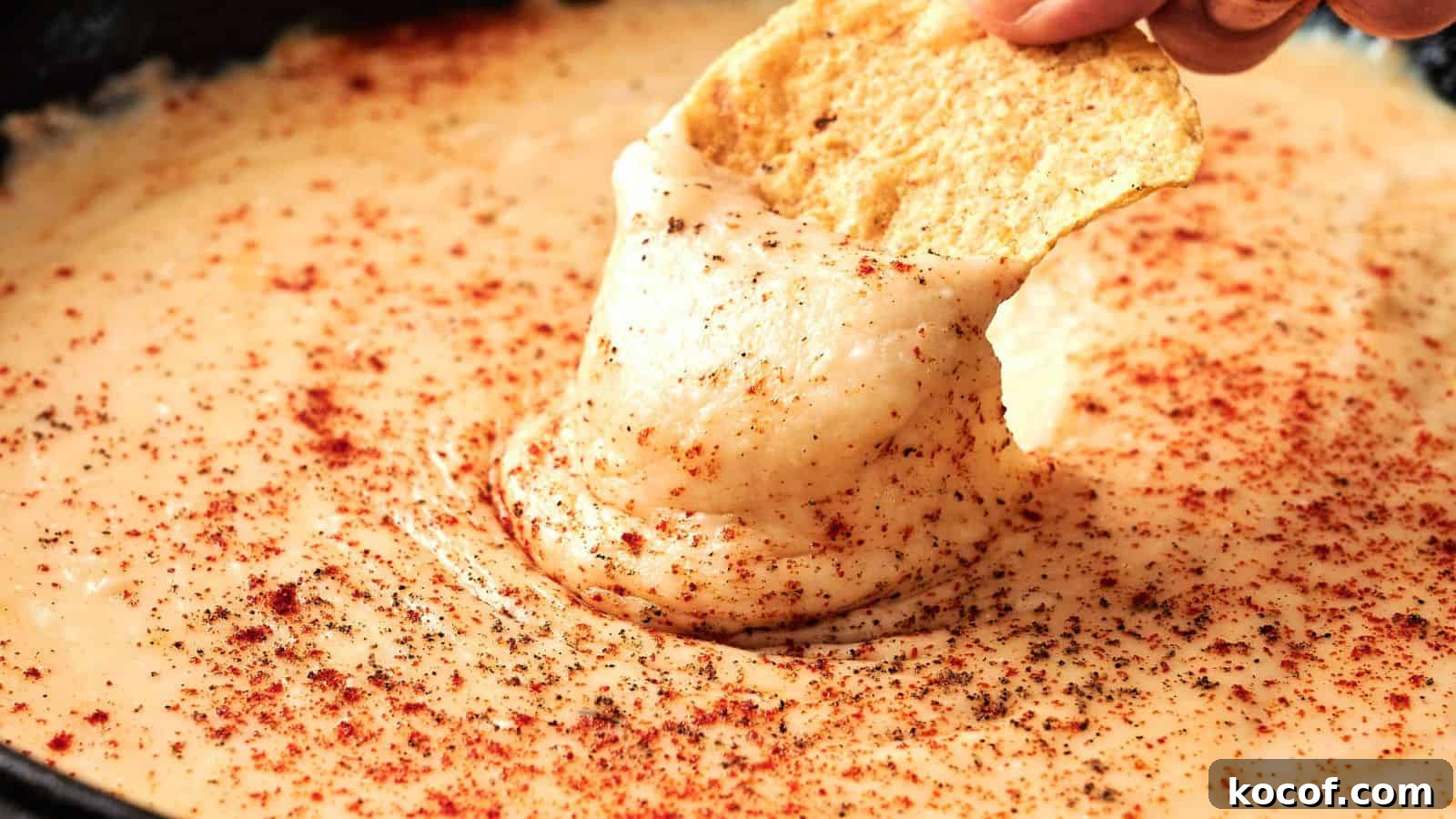 A hand dips a tortilla chip into creamy cheese dip sprinkled with paprika and black pepper.