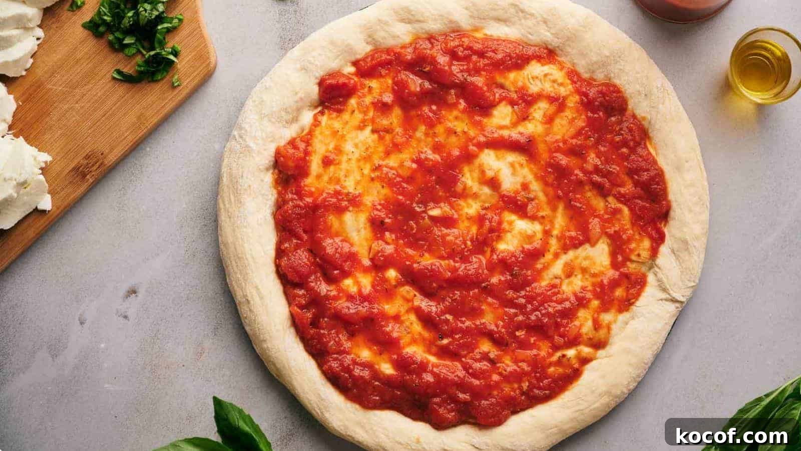 Pizza sauce spread over a pizza crust.