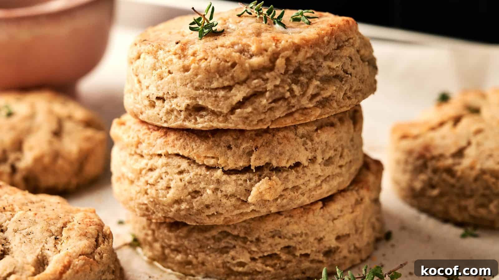 Three golden-brown biscuits stacked on parchment paper, topped with small sprigs of fresh herbs.
