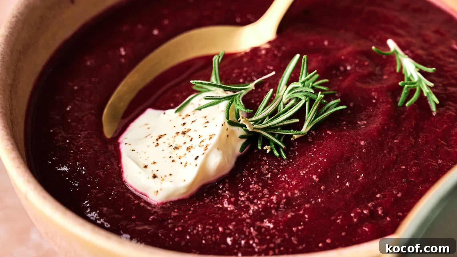 A bowl of beet soup garnished with a dollop of cream, a sprig of rosemary, and black pepper, with a gold spoon resting in the bowl.