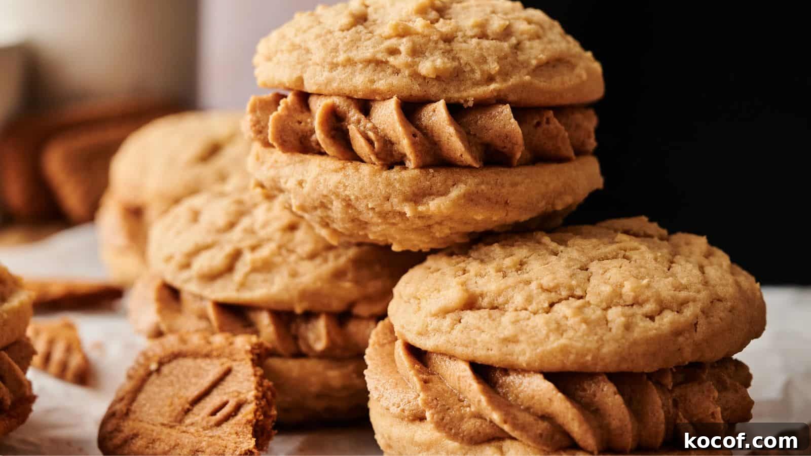Three sandwich cookies filled with light brown frosting are stacked on a surface, with broken cookie pieces scattered nearby.