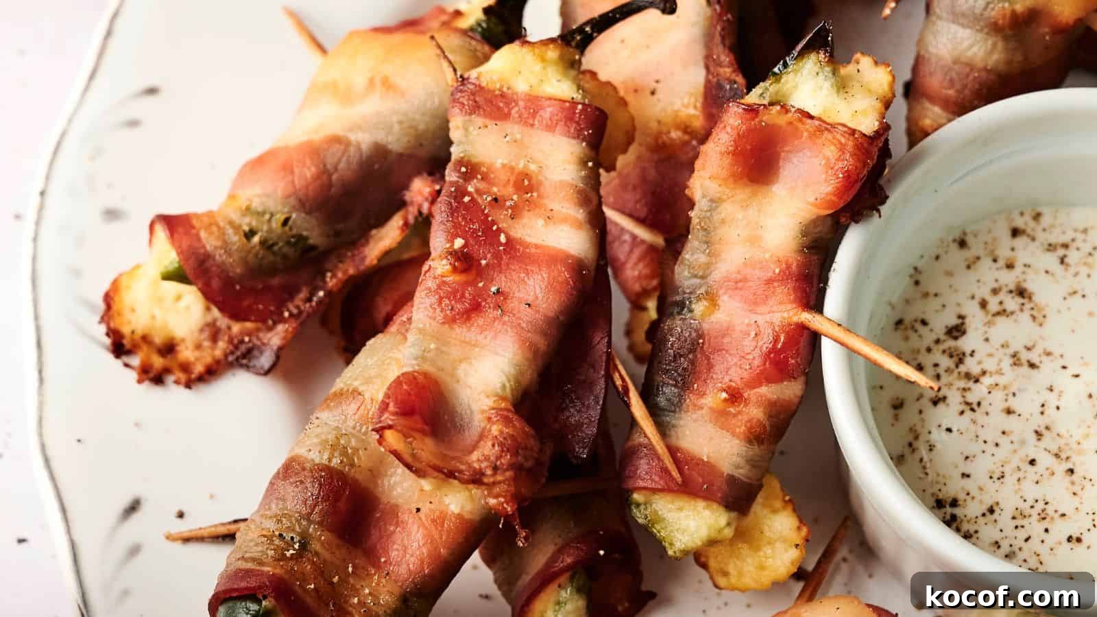 Bacon-wrapped jalapeños filled with cheese, secured with toothpicks, on a plate next to a small bowl of dipping sauce.