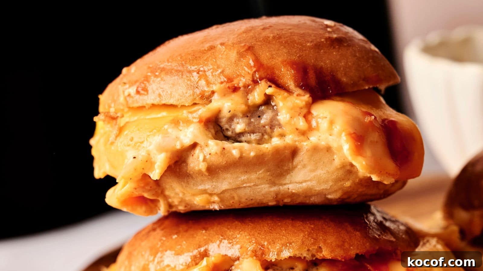Close-up of a cheeseburger slider with melted cheese oozing out of a soft bun.