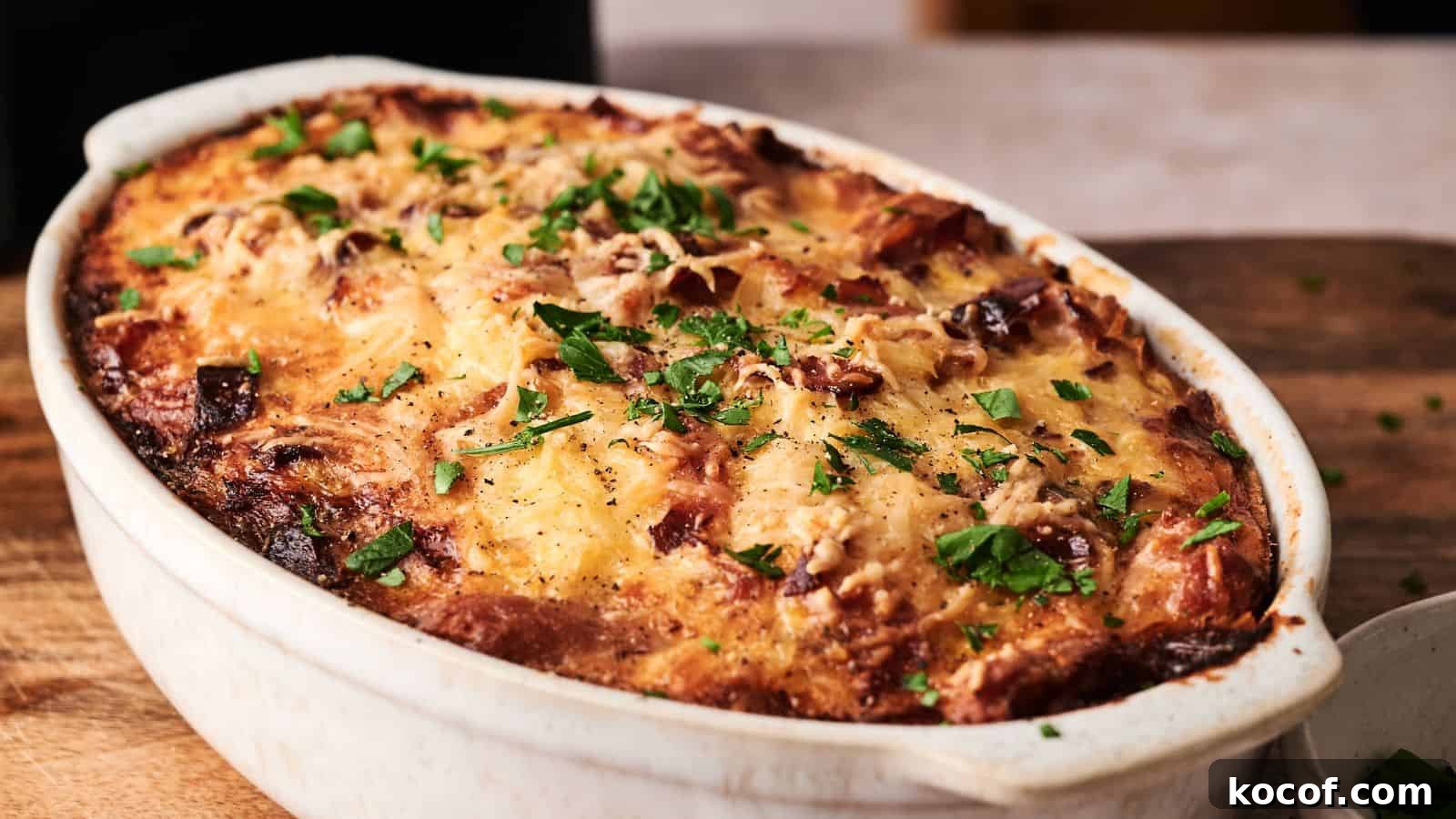 A baked casserole in an oval white dish, topped with melted cheese and chopped fresh herbs, sits on a wooden surface.