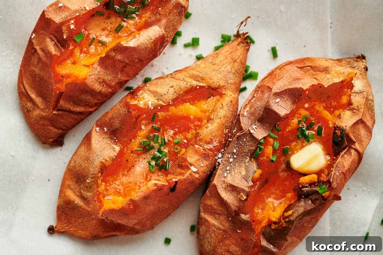 Three baked sweet potatoes with butter and chives on.