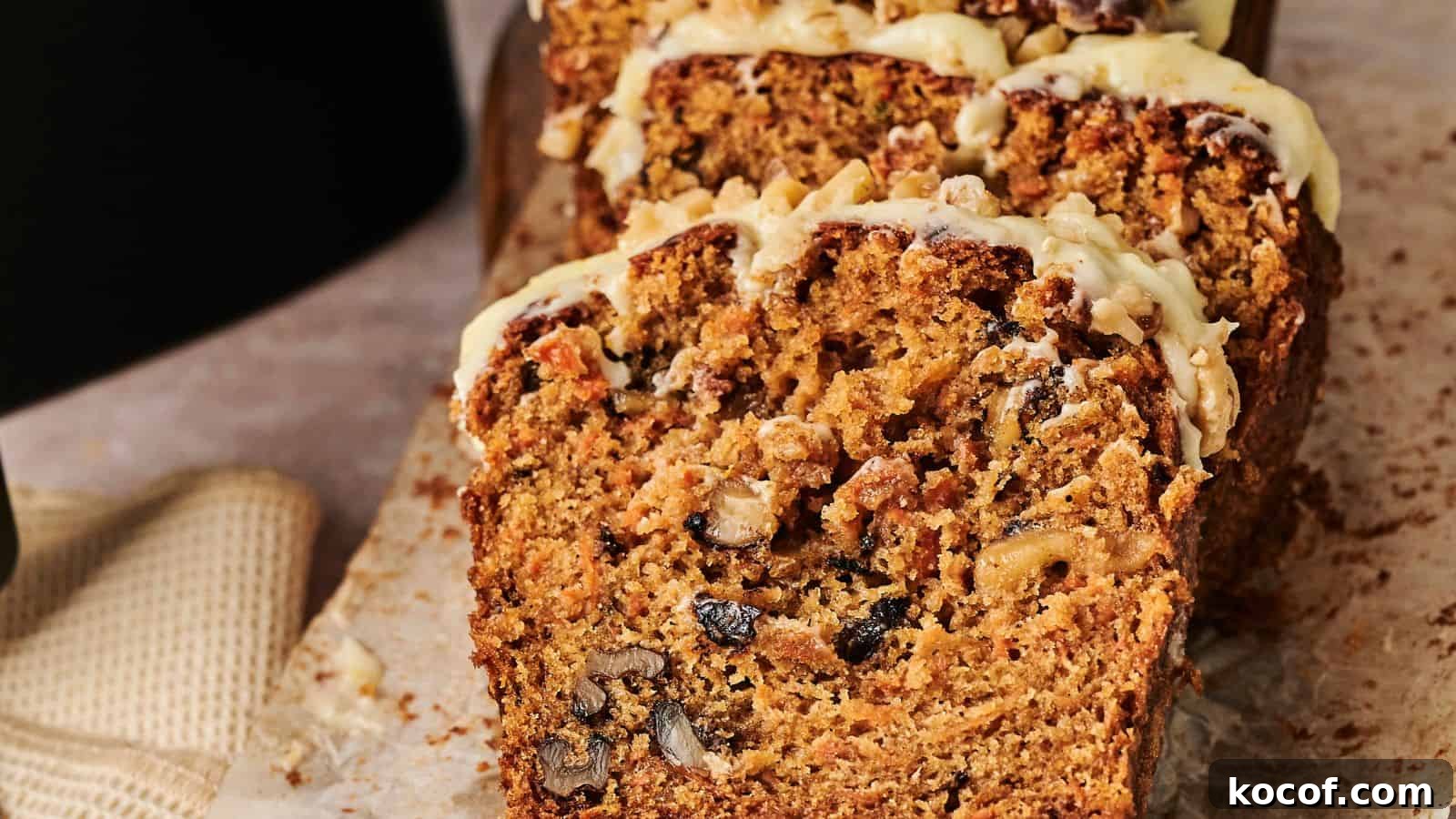 Sliced carrot cake with nuts is topped with cream cheese frosting, placed on a piece of parchment paper next to a napkin.