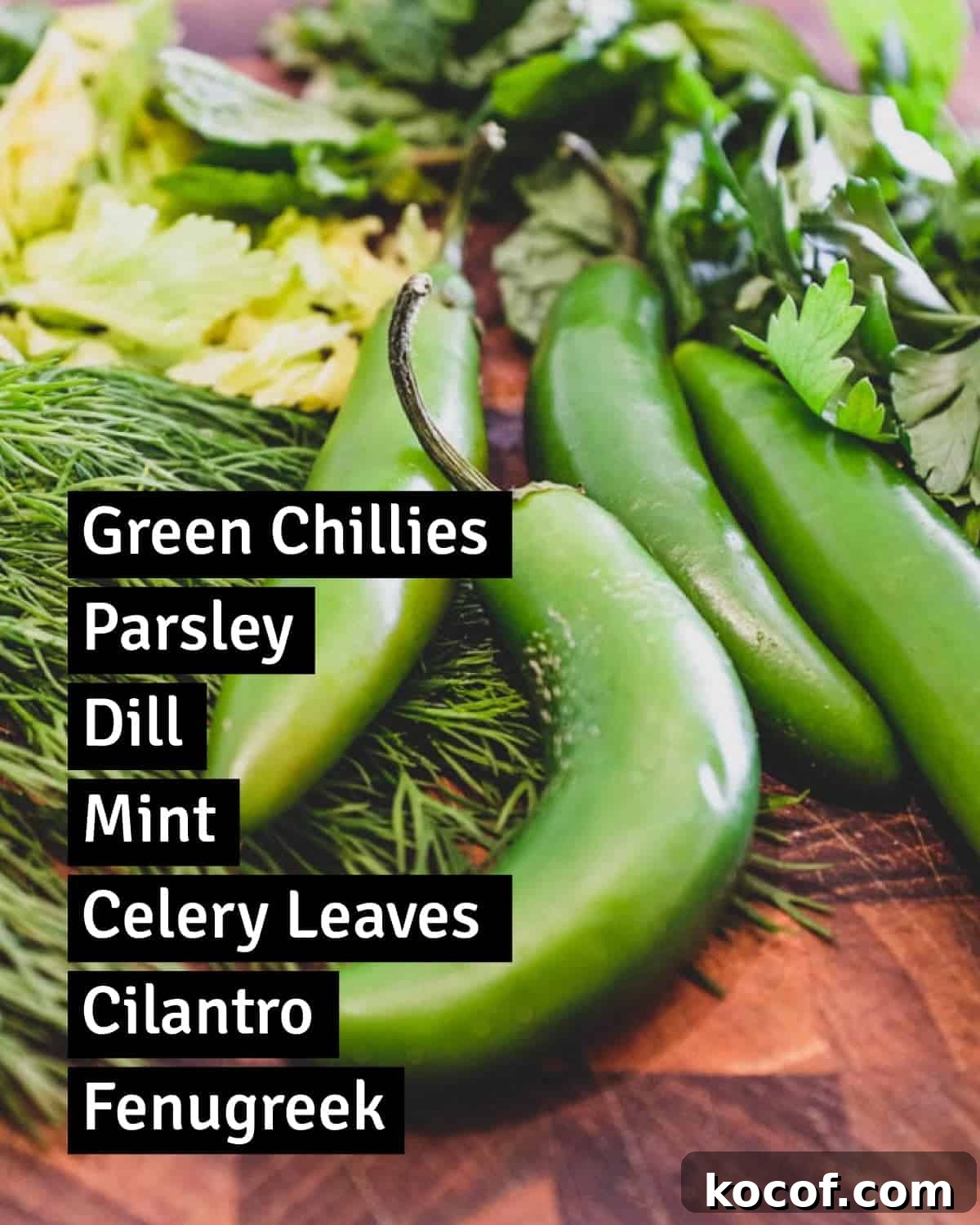 Ingredients for Georgian Green Ajika including chillies and herbs.