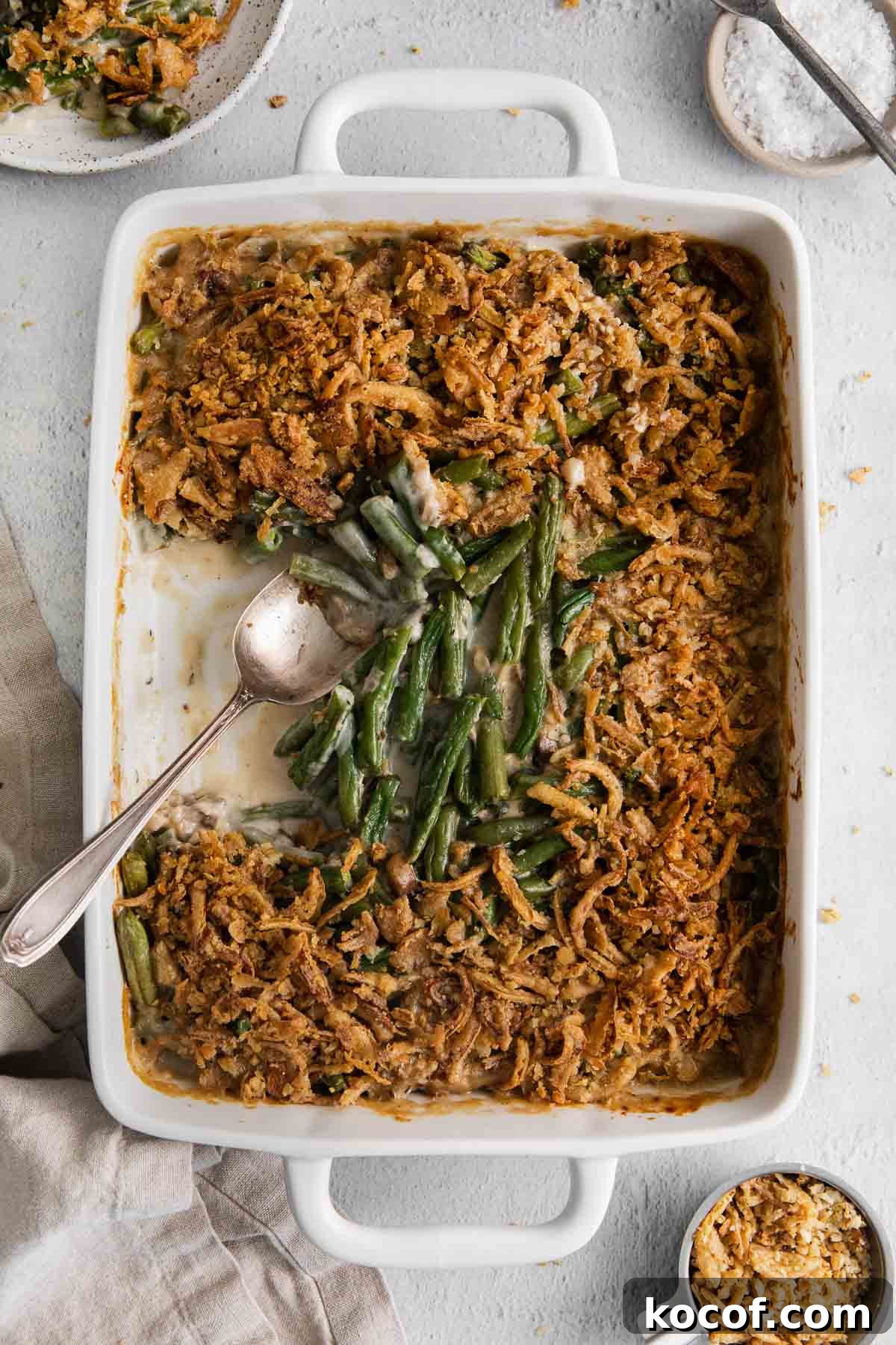 Gluten-free green bean casserole in a baking dish