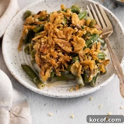 Green bean casserole scooped onto a plate