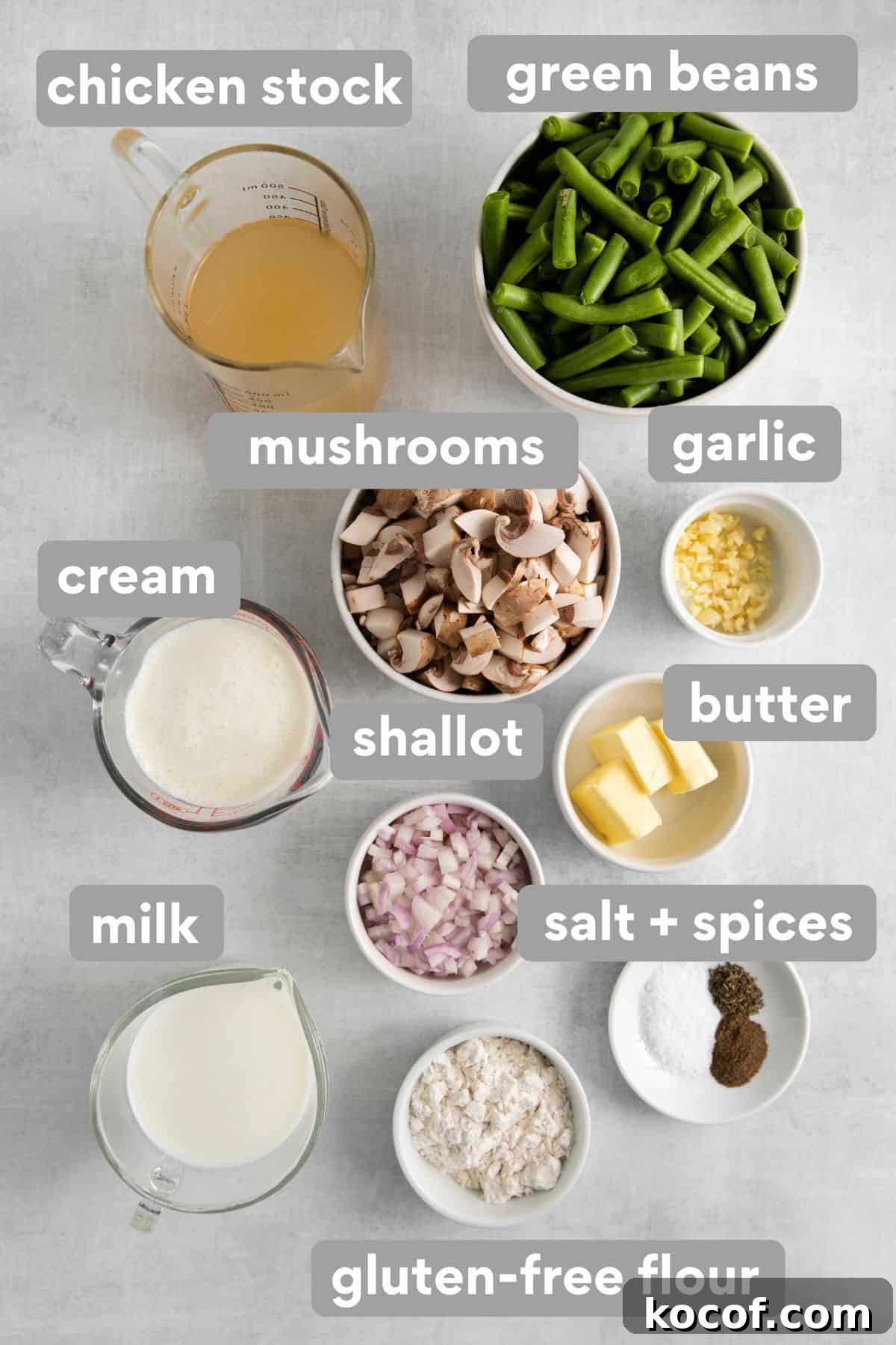 Green bean casserole ingredients in a baking dish