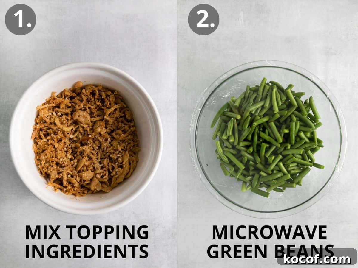 Topping ingredients in a bowl, and green beans in a glass bowl