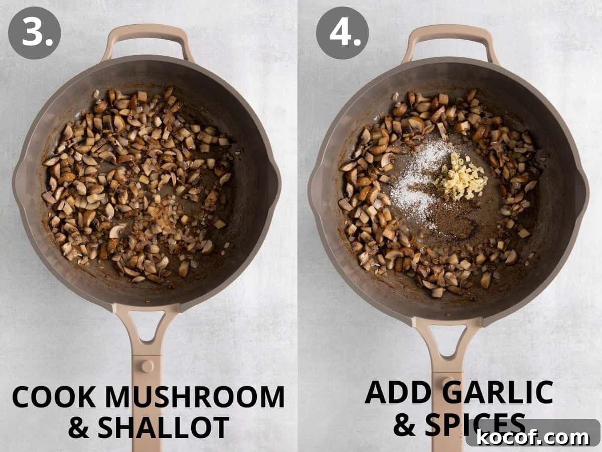 Mushrooms and shallots in a skillet, and garlic and spices added to the skillet
