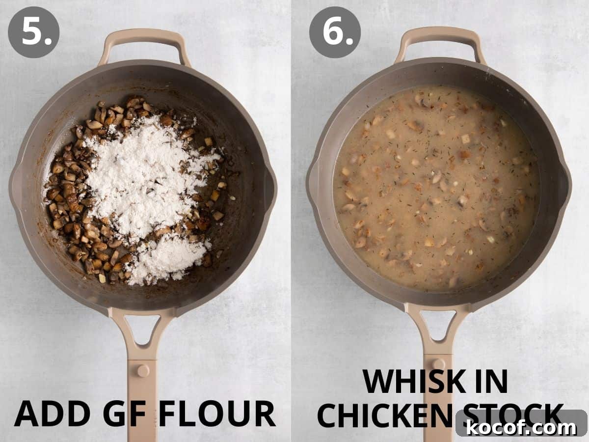 Gluten-free flour added to the skillet, and chicken stock added to the skillet