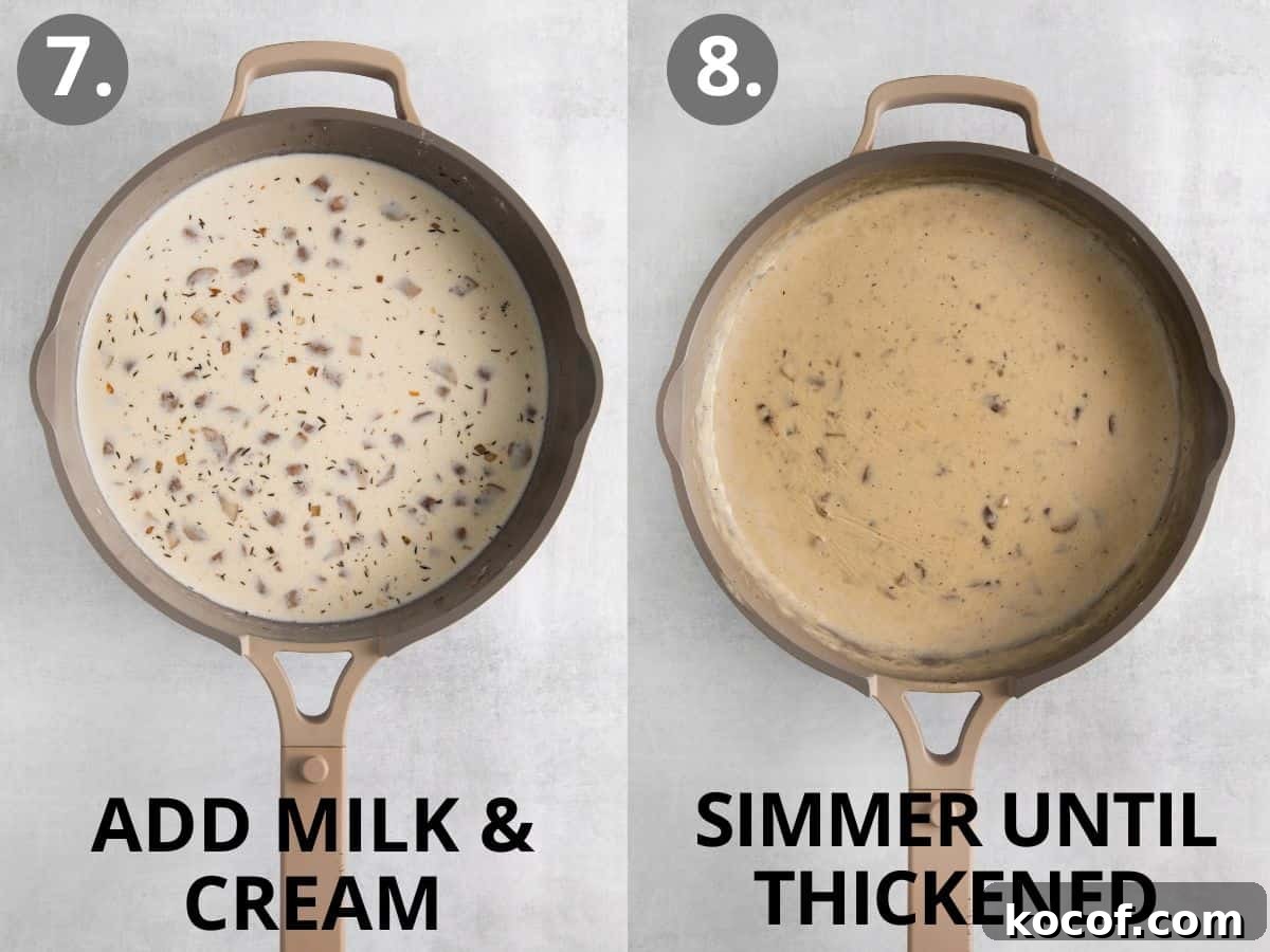 Milk and cream added to a skillet, and simmering green bean sauce in a skillet