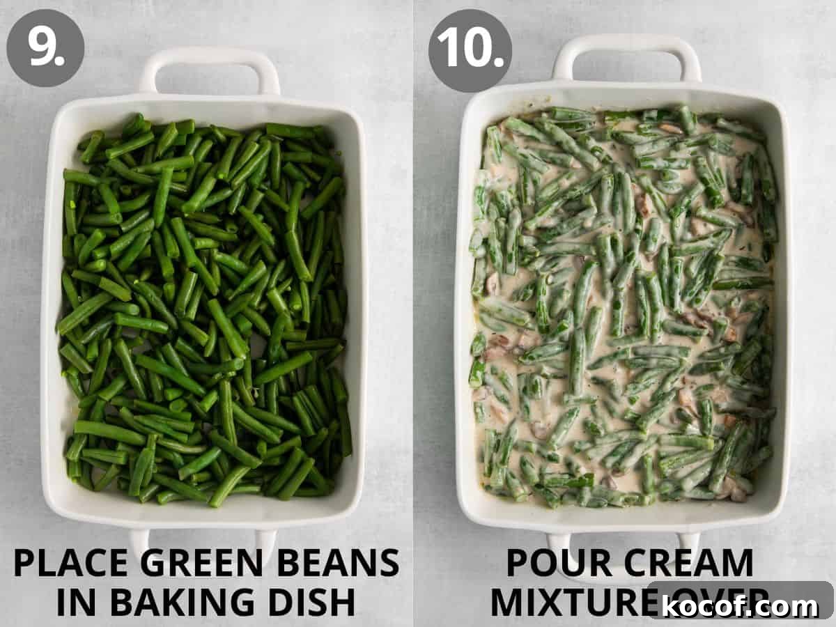 Green beans in the baking dish, and cream sauce poured on top