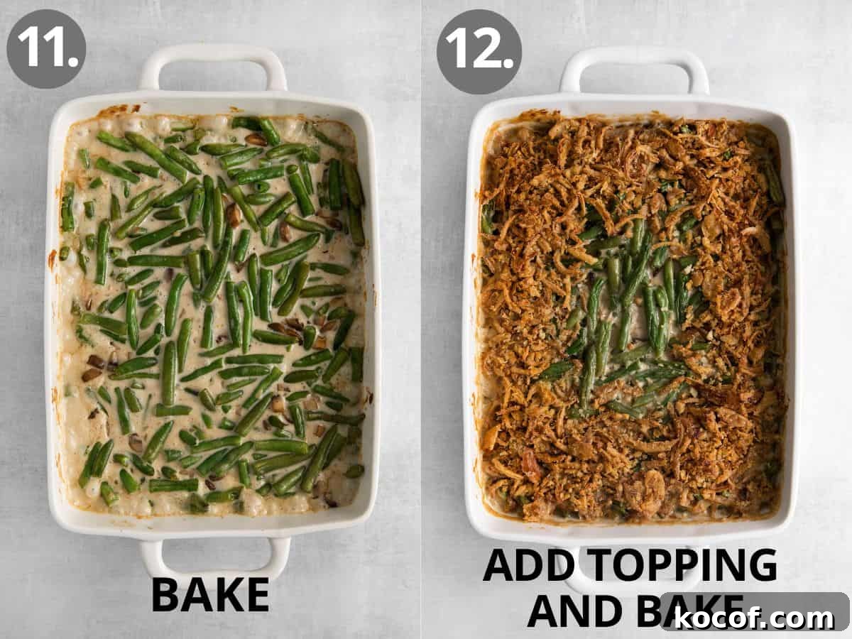 Sauce and green beans in a casserole dish, and toppings in the green bean dish