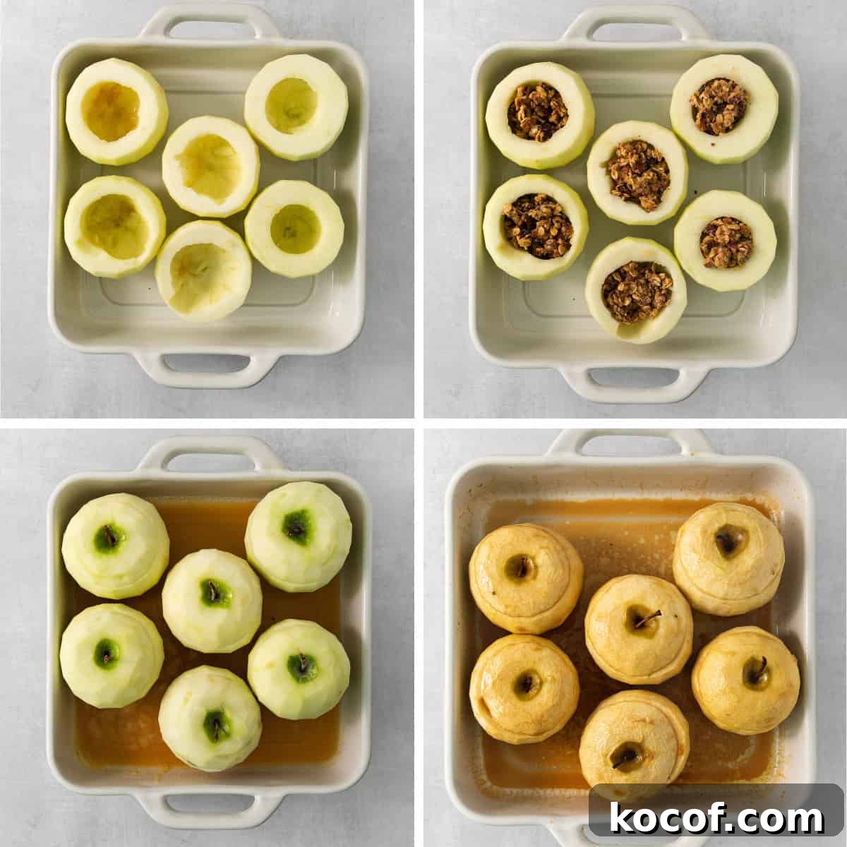 Process photos for baked apples: cored raw apples, filled raw apples, and covered raw apples in a baking pan, followed by baked apples in a baking pan.