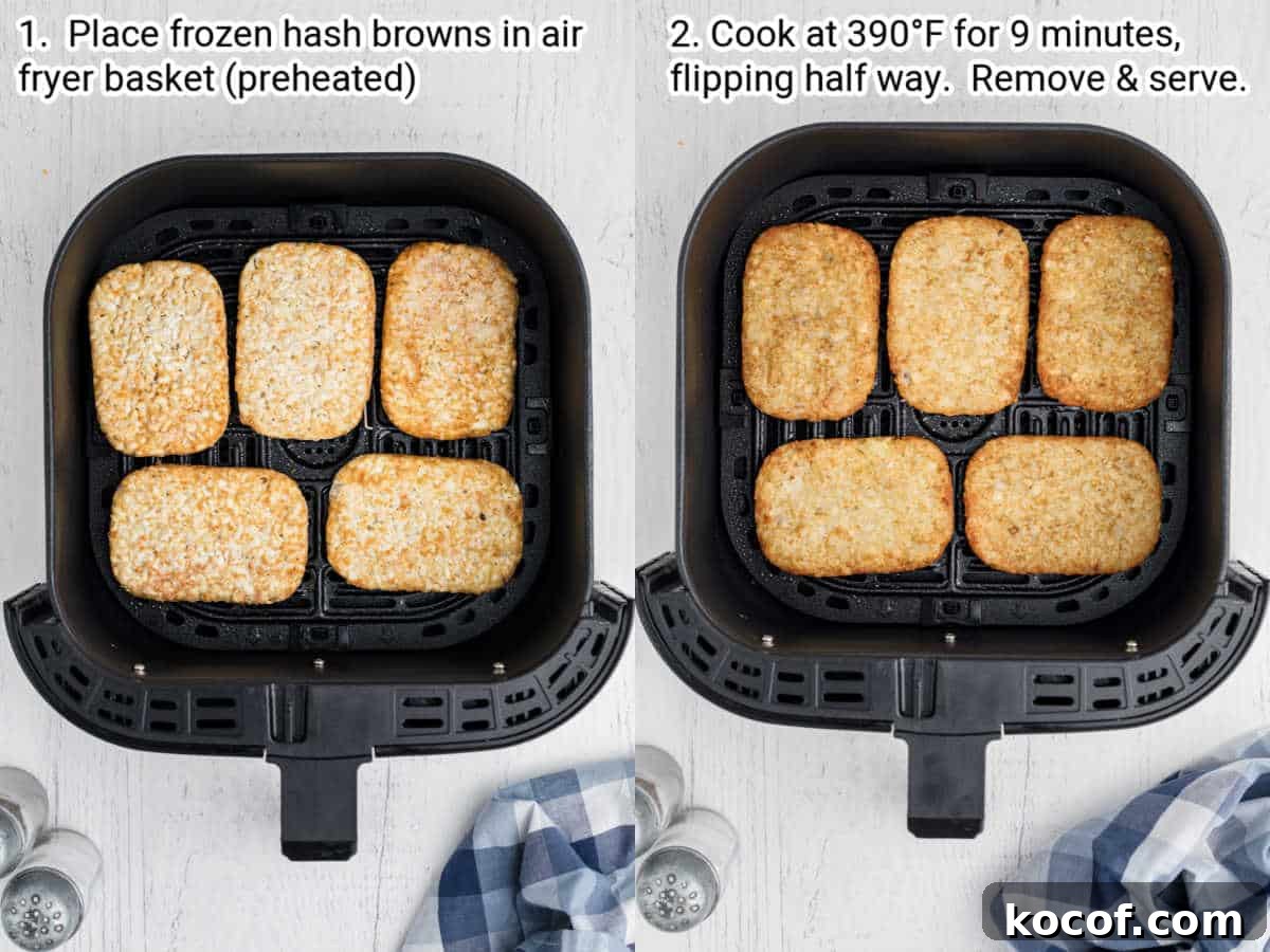 two air fryer baskets lined up next to each other one with frozen hash browns and the other with cooked hash browns