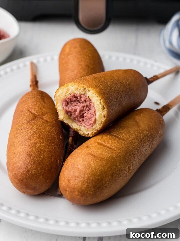 air fryer corn dogs in a pile on a plate in front of an air fryer featured image