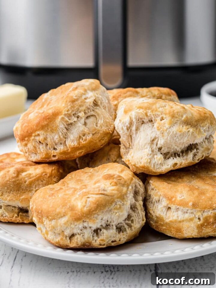 a plate of biscuits piled high, in front of an air fryer