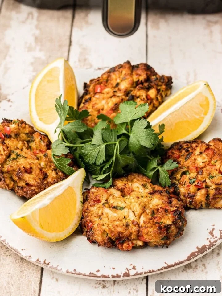 A plate of air fryer crab cakes with lemon wedges.