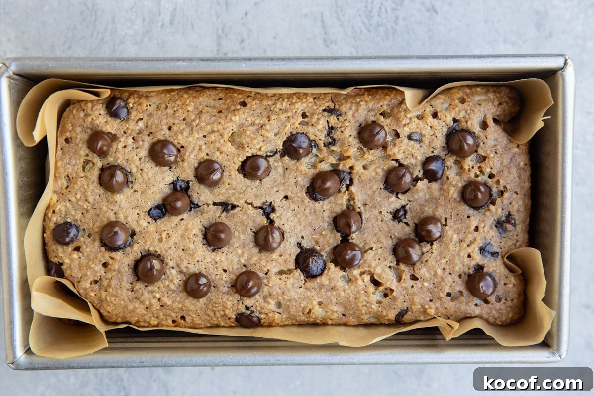 Chocolate chip oatmeal bread in a loaf pan, fresh out of the oven.